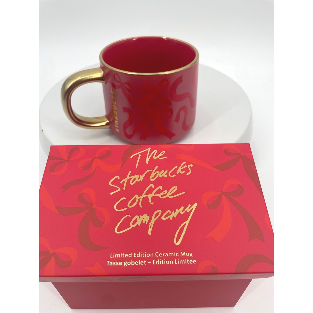 Starbucks Mug 14oz Red Gold Ceramic Holiday Bow Ribbon Limited Edition NEW NIB